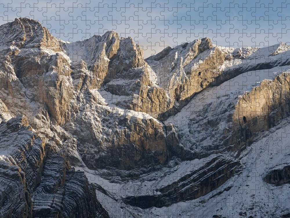 Gavarnie Jigsaw Puzzle featuring the photograph Golden Lights hits the snow capped peak of Pic de Marbore by Stephen Taylor