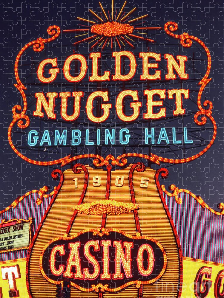 Golden Nugget Casino Jigsaw Puzzle featuring the photograph Golden Nugget Casino Fremont Street at Dusk 1970 by Aloha Art