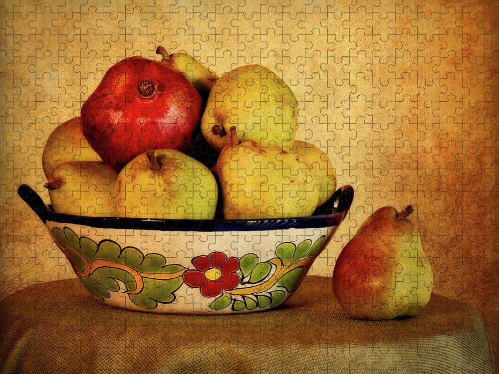 Still Life Jigsaw Puzzle featuring the photograph Golden Pears and Pomegranate by Sandra Selle Rodriguez