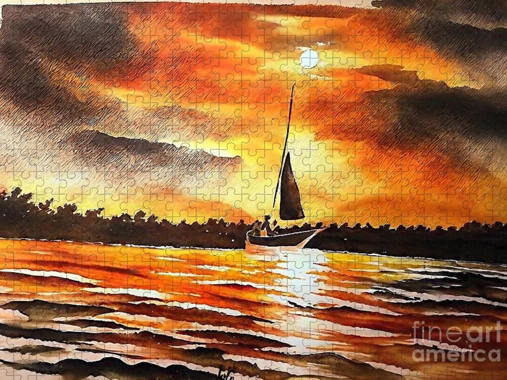 River Jigsaw Puzzle featuring the painting Golden sky Painting River Golden sky Boat Afternoon light Reflection abstract acrylic art artichoke artwork backdrop background banner beauty brush canvas color colorful concept contemporary cover by N Akkash