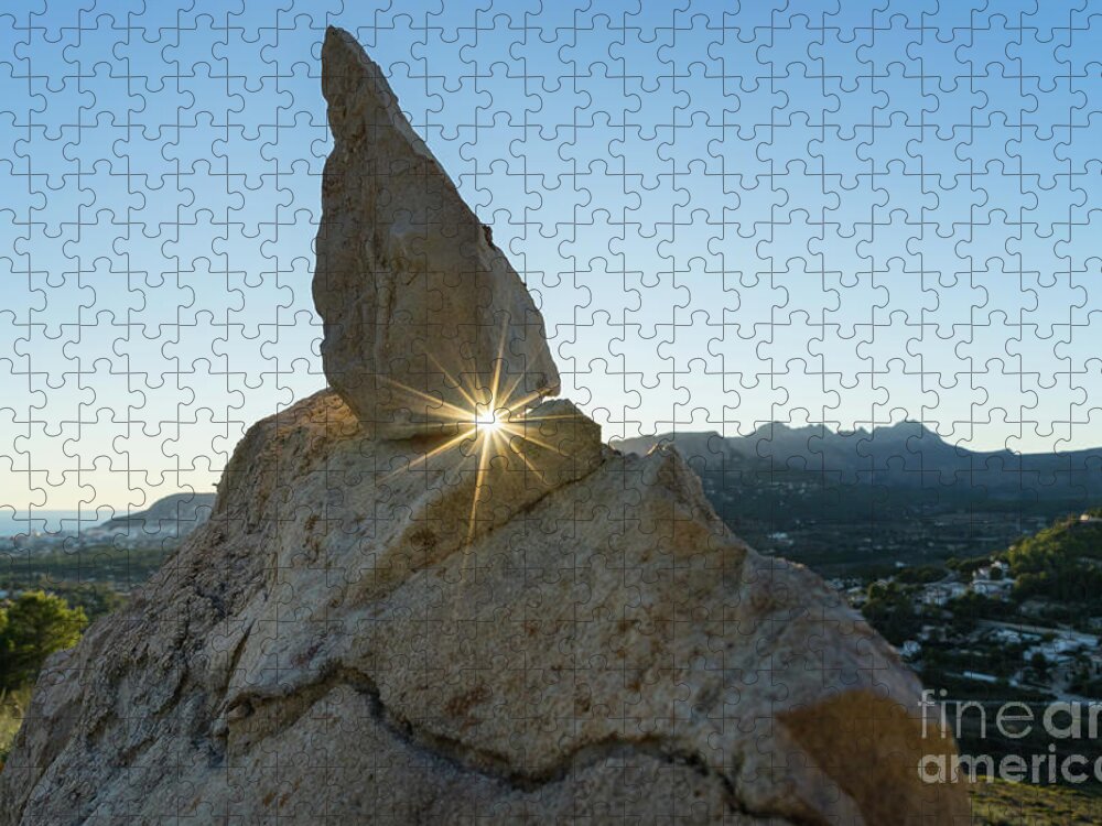 Mountain Landscape Jigsaw Puzzle featuring the photograph Golden sunbeams, rocks and blue sky by Adriana Mueller