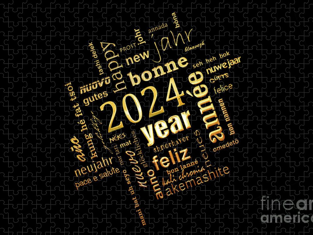 Holiday Jigsaw Puzzle featuring the digital art Golden word cloud new year card by Delphimages Photo Creations