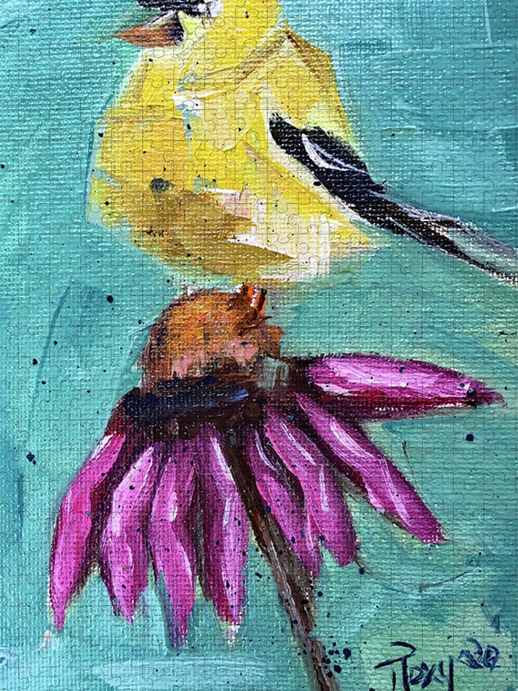 Goldfinch Jigsaw Puzzle featuring the painting Goldfinch on a Coneflower by Roxy Rich
