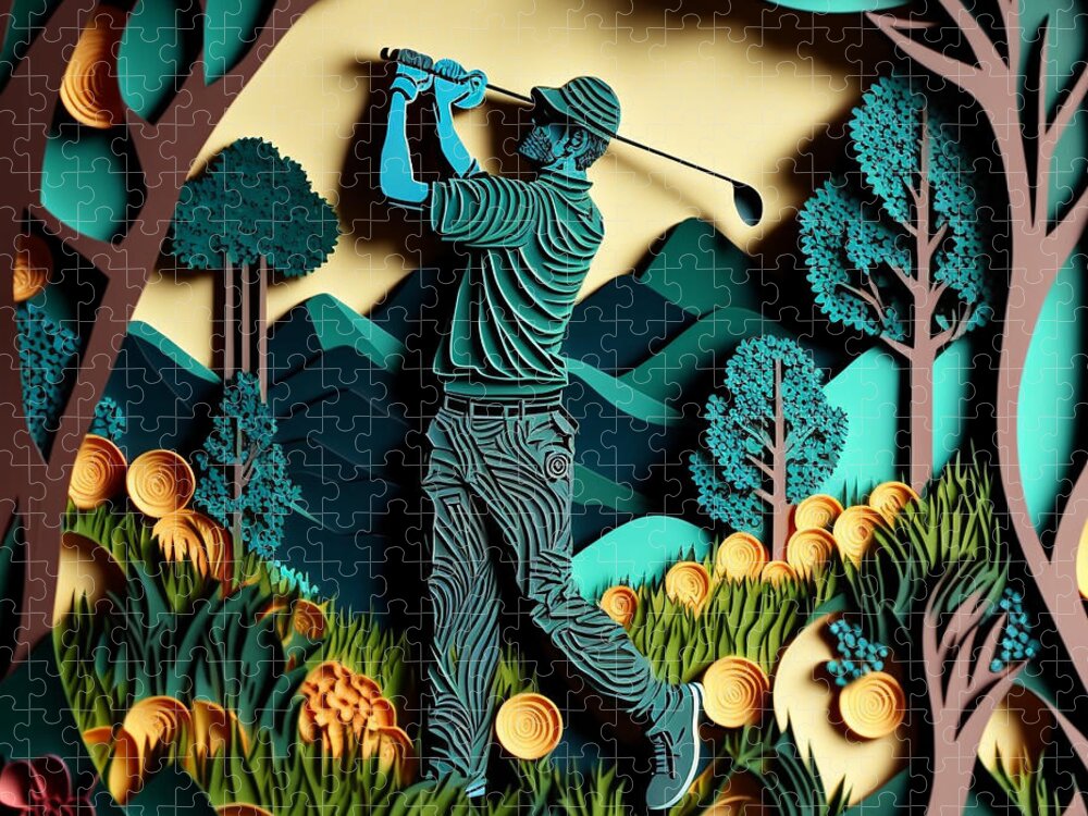 Golfers I Jigsaw Puzzle featuring the mixed media Golfers I by Jay Schankman