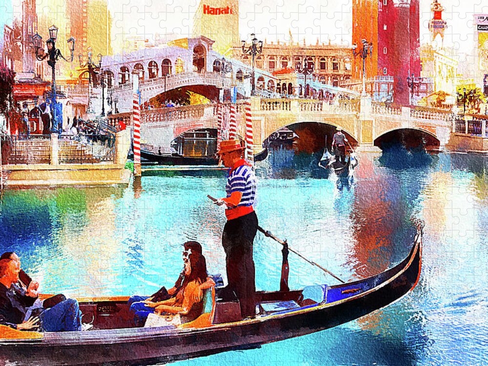 Venetian Jigsaw Puzzle featuring the mixed media Gondola rides at the Venetian Las Vegas by Tatiana Travelways