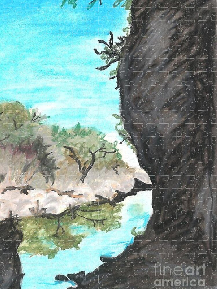 Blue And Black River Jigsaw Puzzle featuring the drawing Government Canyon Oil Pastel by Expressions By Stephanie