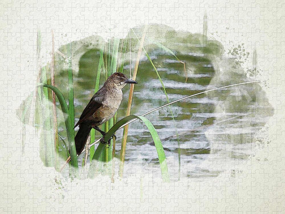 Grackle Jigsaw Puzzle featuring the digital art Grackle by the Lake by Alison Frank