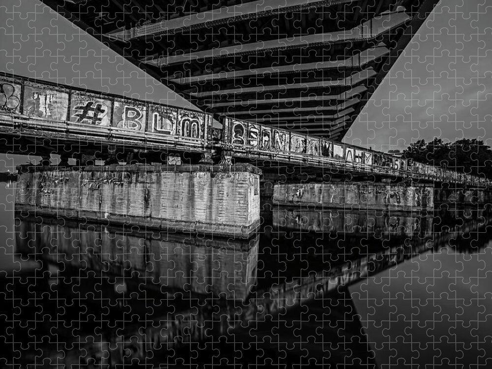 Boston Jigsaw Puzzle featuring the photograph Graffiti Under the BU Bridge Boston MA Charles River Reflection Black and White by Toby McGuire