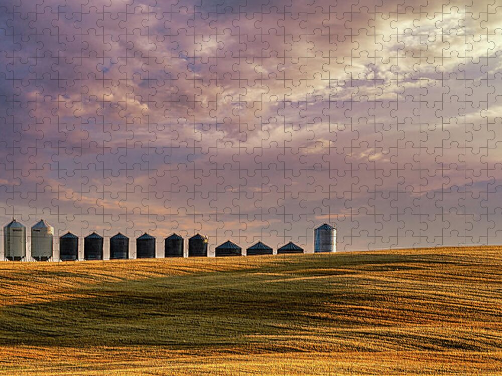 2020-09-30. Harvest. Fall. Colors Jigsaw Puzzle featuring the photograph Grain Bins All In A Row by Phil And Karen Rispin