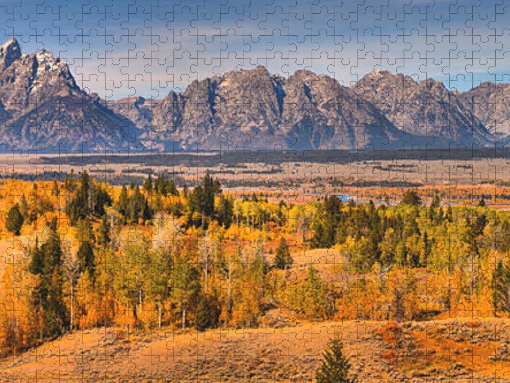 Teton Jigsaw Puzzle featuring the photograph Grand Teton Autumn Overlook Panorama by Adam Jewell