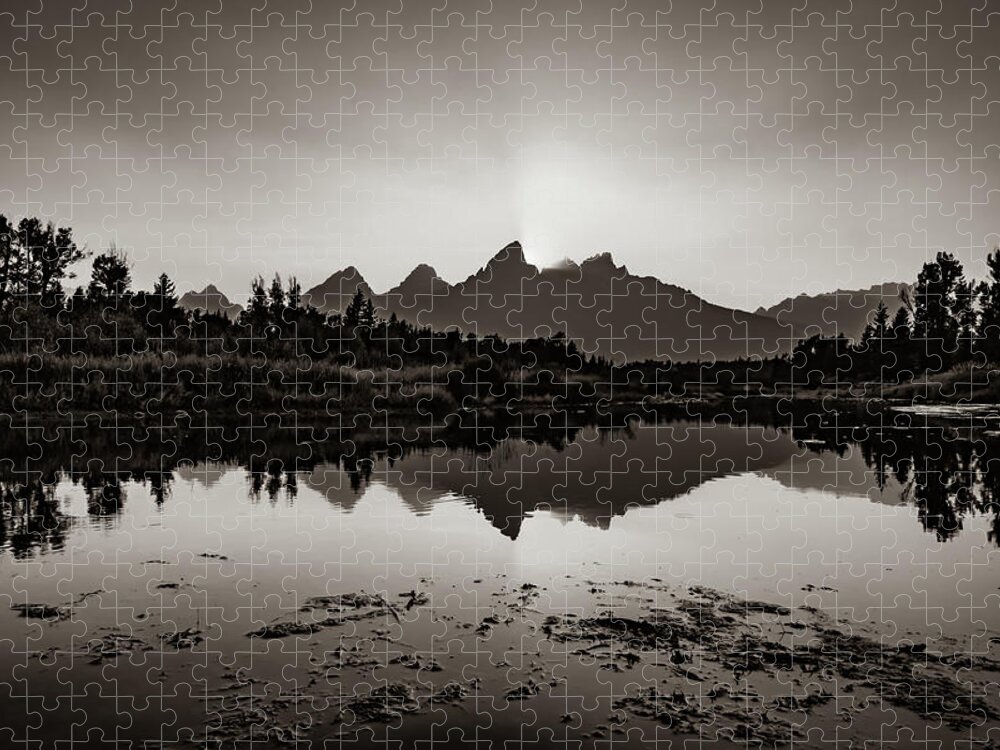 Teton Mountains Jigsaw Puzzle featuring the photograph Grand Teton Mountain Range Sunset Reflections Along The Snake River - Sepia Edition by Gregory Ballos