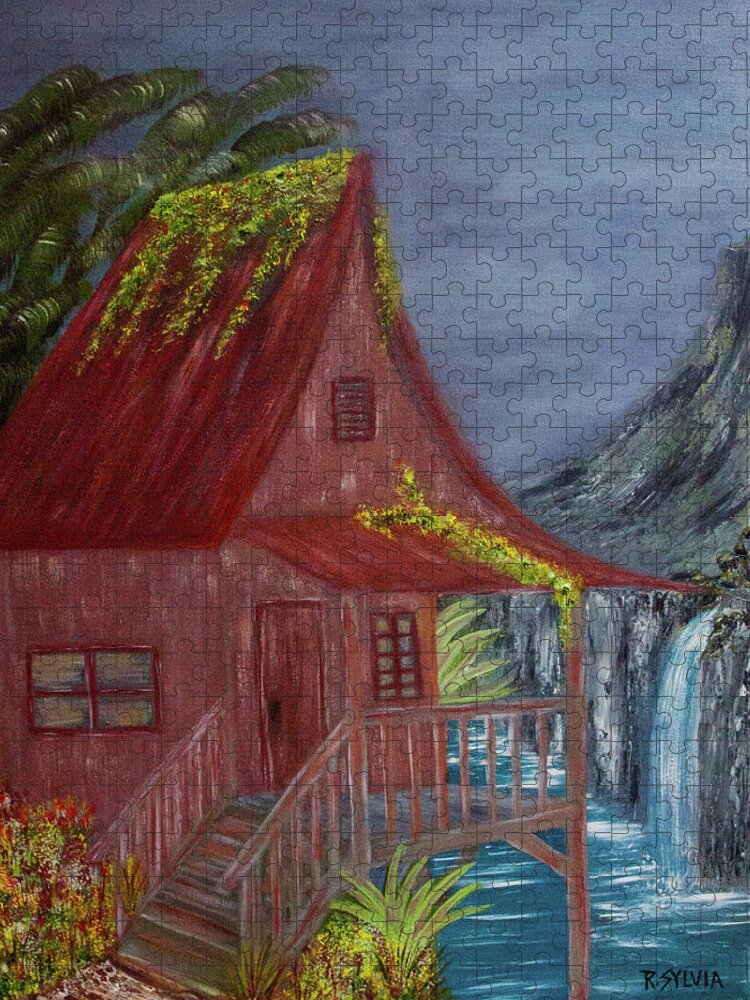Shack Jigsaw Puzzle featuring the painting Grass Shack by Randy Sylvia