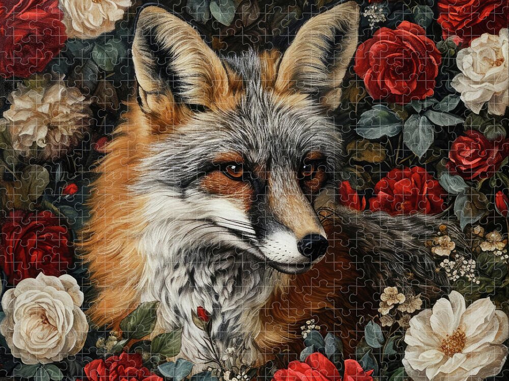 Gray Fox Jigsaw Puzzle featuring the painting Gray Fox And Roses by Tina LeCour
