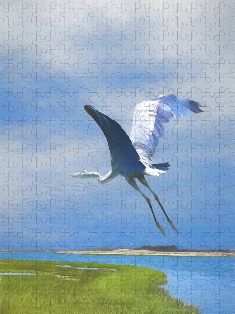 Linda Brody Jigsaw Puzzle featuring the digital art Great Blue Heron Take Off 1 Artistic 1 by Linda Brody