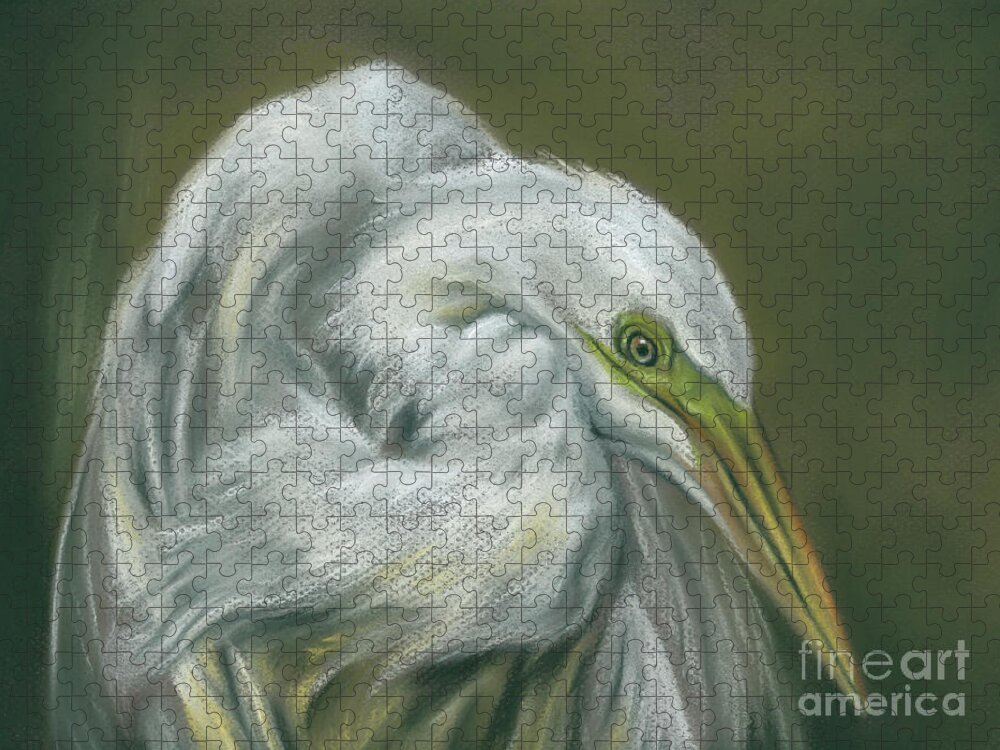 Bird Jigsaw Puzzle featuring the painting Great Egret White Waterfowl Portrait by MM Anderson