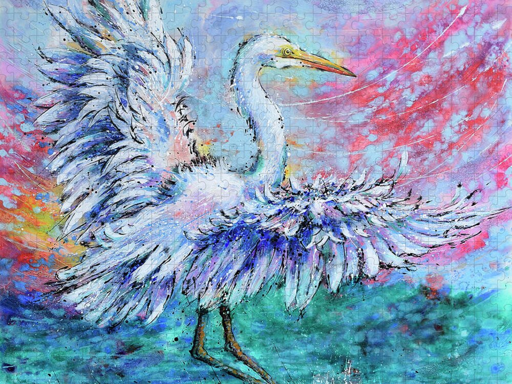  Jigsaw Puzzle featuring the painting Great Egret's Glorious Landing by Jyotika Shroff