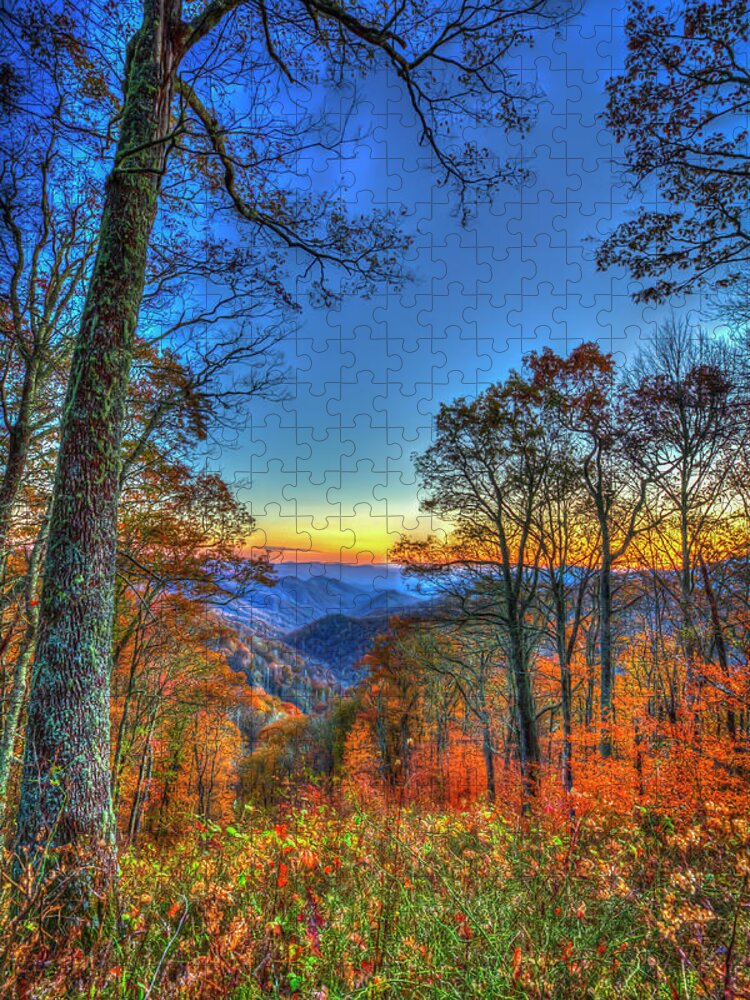 Reid Callaway Great Smokey Mountains Jigsaw Puzzle featuring the photograph Great Smoky Mountains Fall Sunset 2 Tennessee North Carolina Landscape Art by Reid Callaway