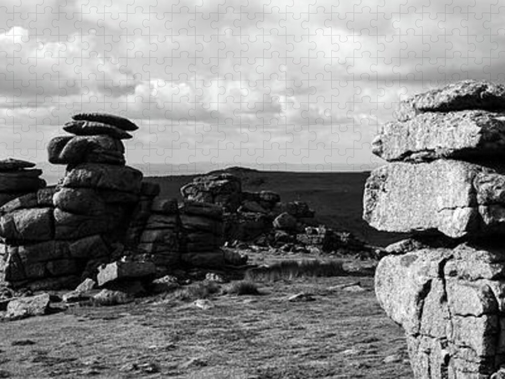 Devon Jigsaw Puzzle featuring the photograph Great Staple Tor Dartmoor National Park England Panorama Black And White by Sonny Ryse