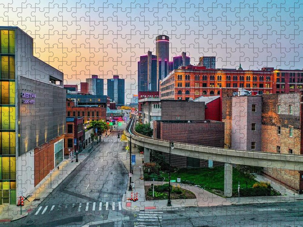 Detroit Jigsaw Puzzle featuring the photograph Greektown Casino and People Mover DJI_0714 by Michael Thomas