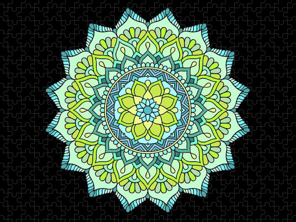 Black Jigsaw Puzzle featuring the digital art Green Blue Spiral by G Lamar Yancy