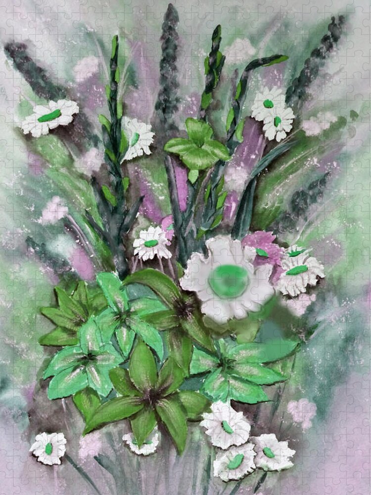 Flowers Jigsaw Puzzle featuring the mixed media Green Floral Bouquet by Kelly Mills