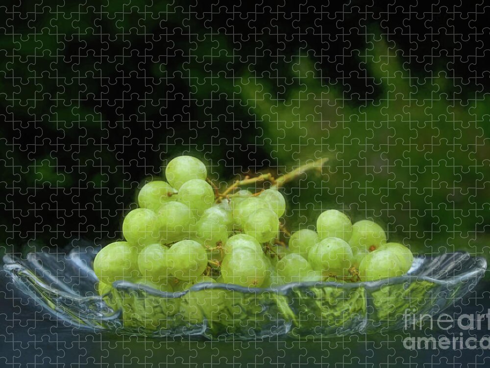Green Grapes Jigsaw Puzzle featuring the photograph Green Grapes on Glass Plate by Kaye Menner by Kaye Menner