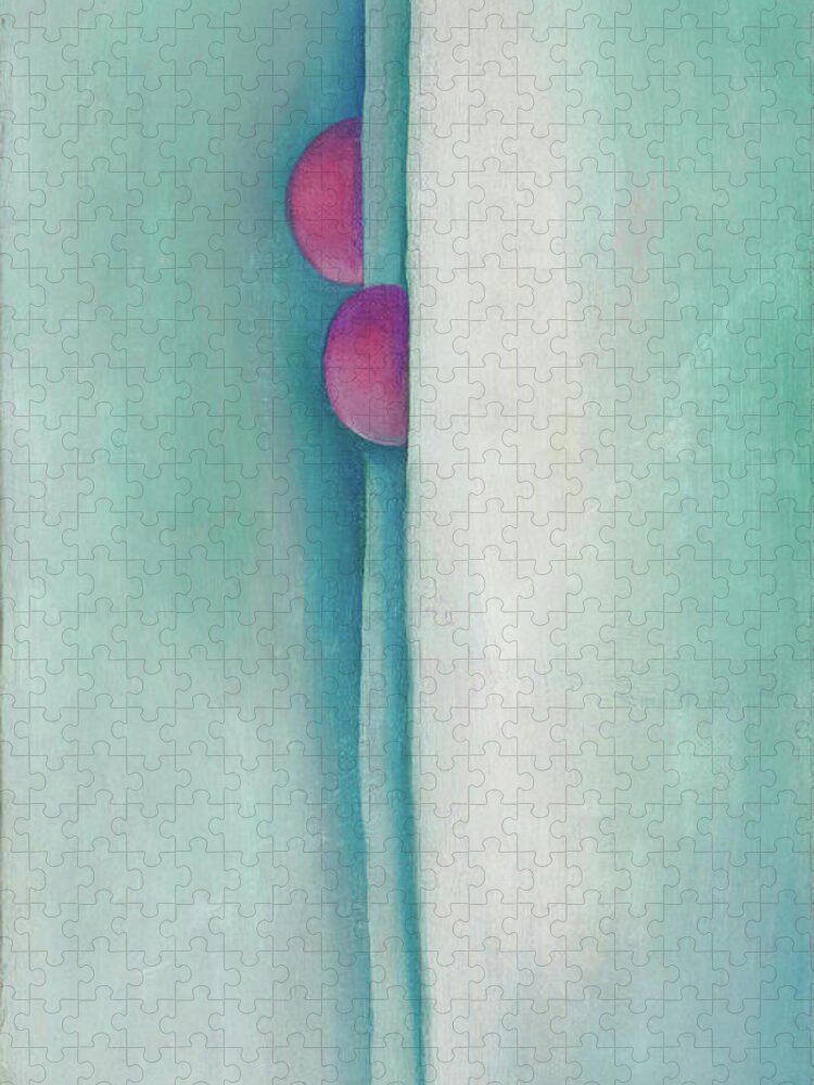 Georgia O'keeffe Jigsaw Puzzle featuring the painting Green lines and pink - abstract modernist painting by Georgia O'Keeffe