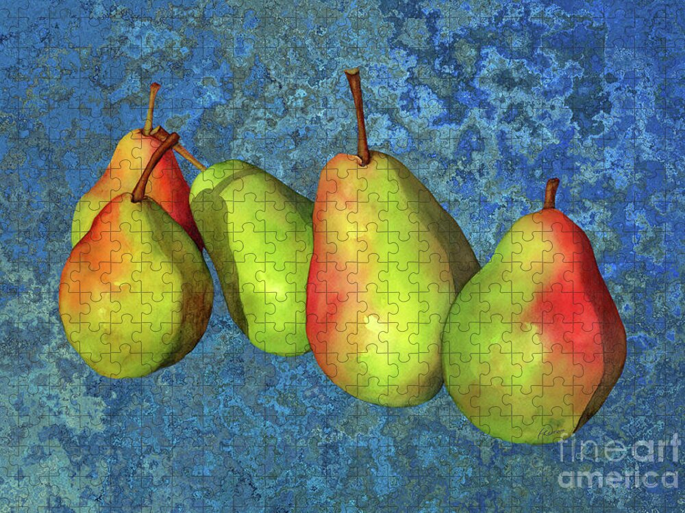 Pear Jigsaw Puzzle featuring the painting Green Pears on Blue by Hailey E Herrera