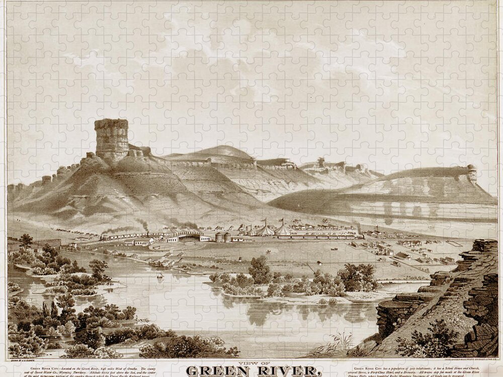 Birds-eye Jigsaw Puzzle featuring the drawing Green River, Wyoming 1875 by Vintage Places