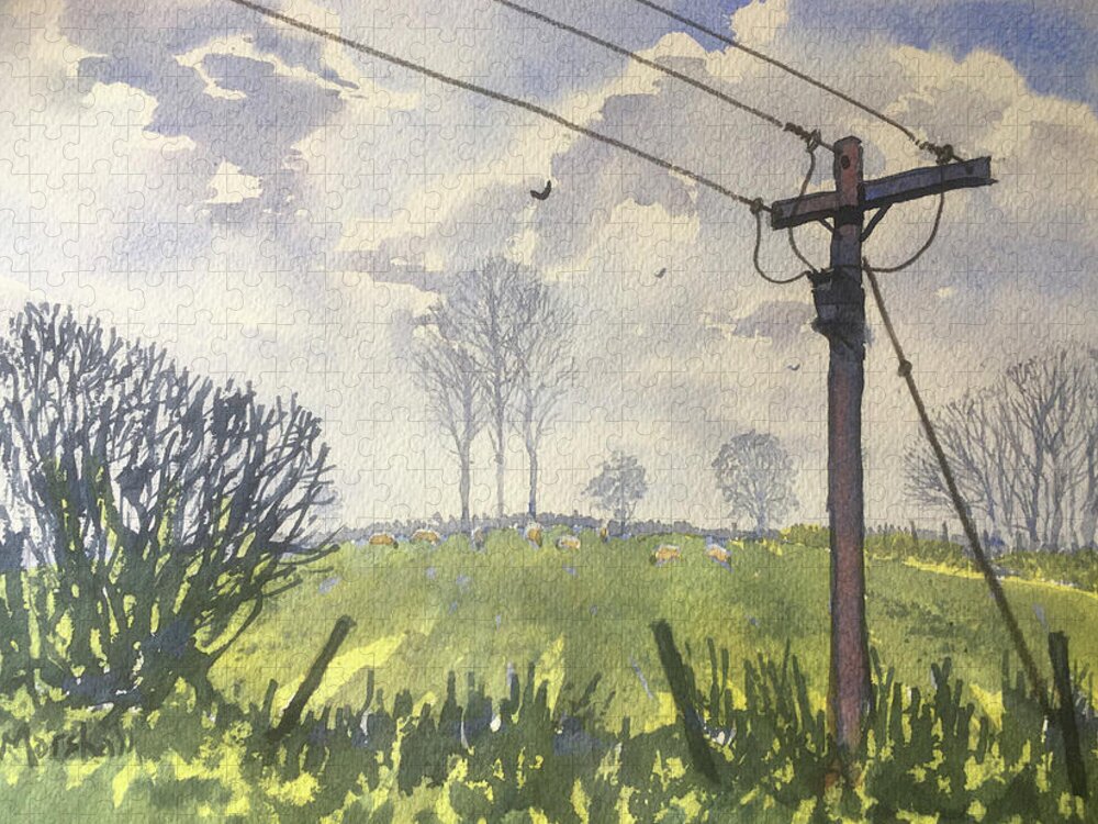 Watercolour Jigsaw Puzzle featuring the painting Grey Skies over West End Pasture, Kilham by Glenn Marshall