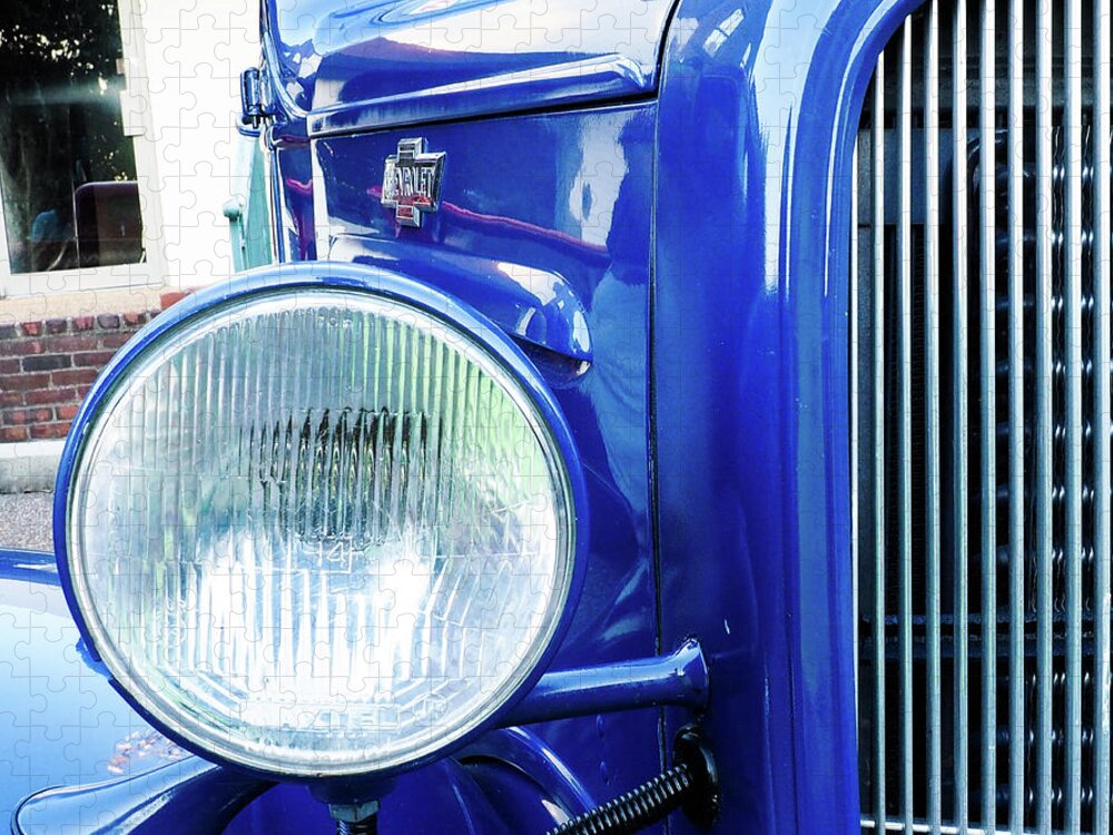 Car Jigsaw Puzzle featuring the photograph Grill and Headlight with a Blue Car Attached by James C Richardson