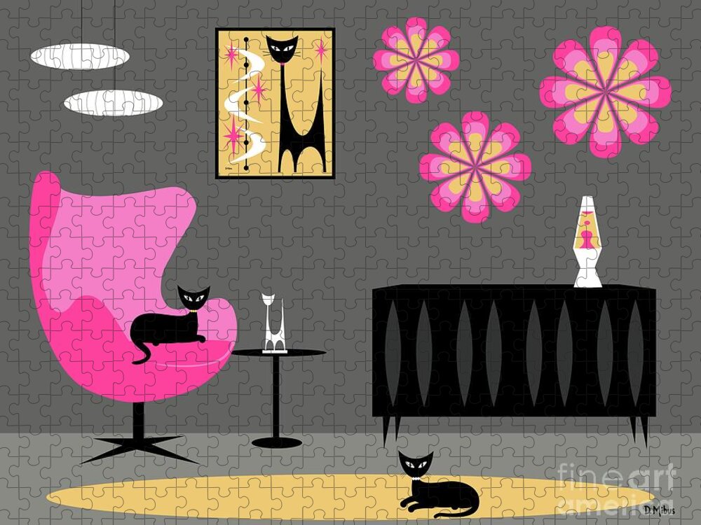 Mid Century Cat Jigsaw Puzzle featuring the digital art Groovy Pink Yellow and Gray Room by Donna Mibus