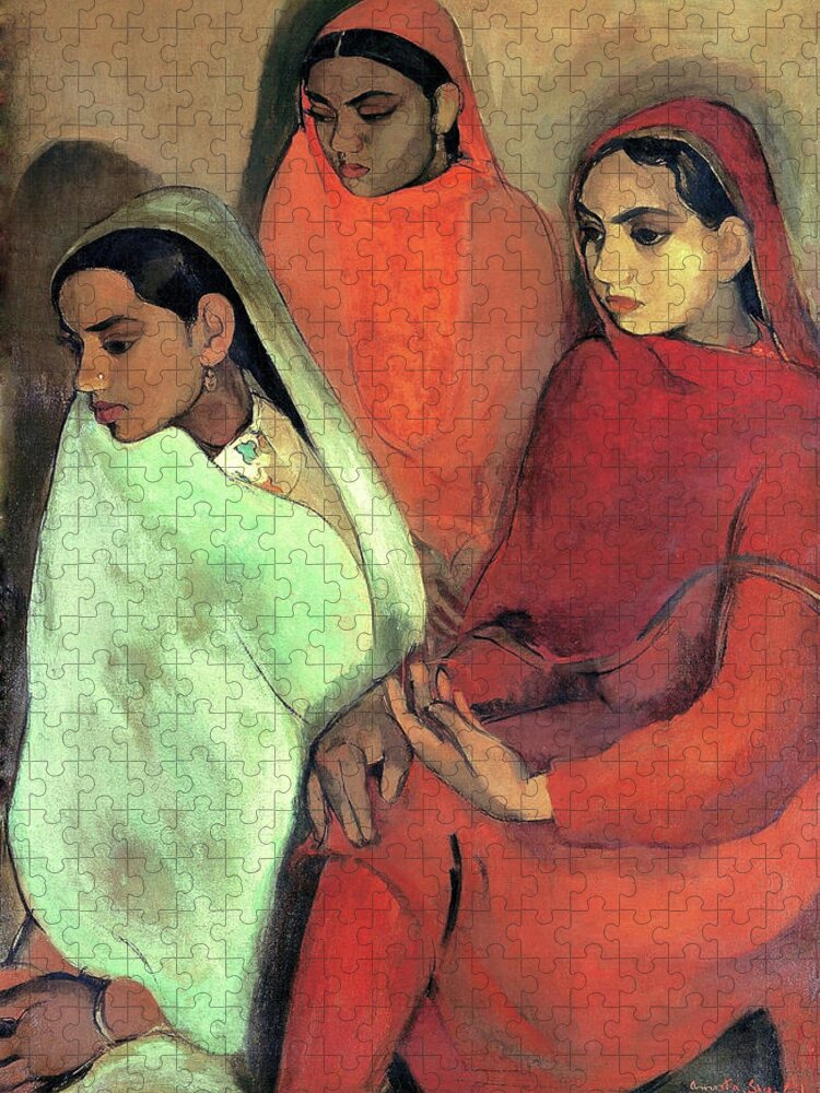 Group Of Three Girls Jigsaw Puzzle featuring the painting Group of Three Girls - Digital Remastered Edition by Amrita Sher-Gil