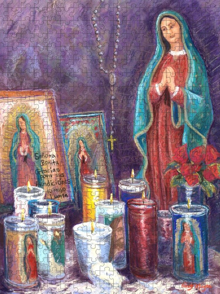 Guadalupe Jigsaw Puzzle featuring the pastel Guadalupe y Las Velas candles by Candy Mayer