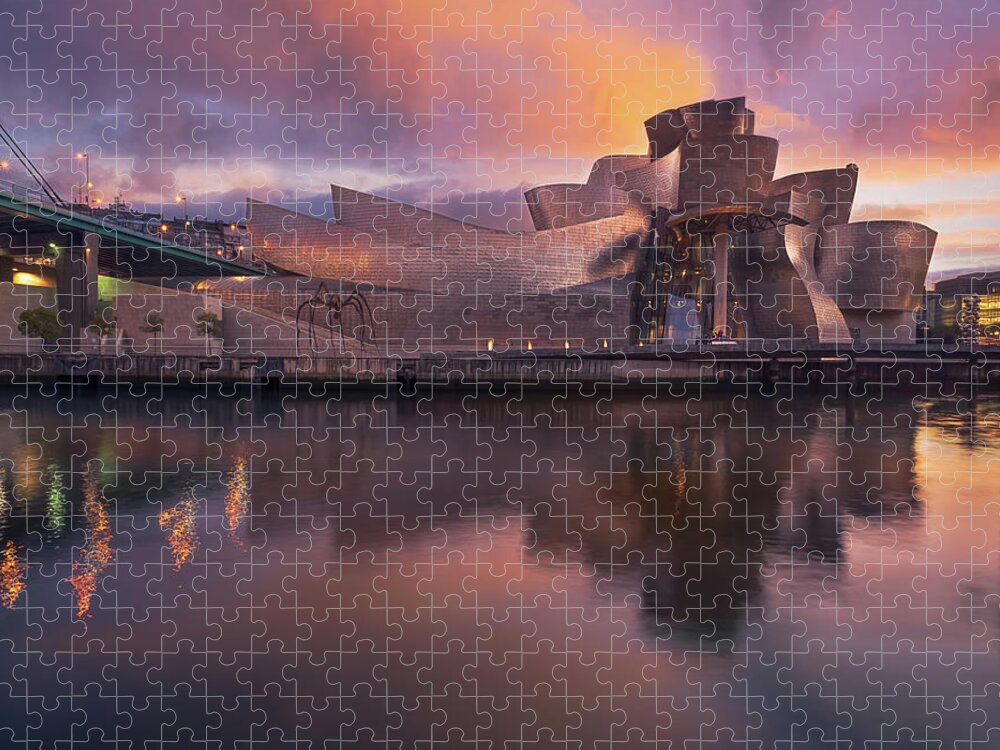 Guggenheim Jigsaw Puzzle featuring the photograph Guggenheim Bilbao Sunset by Linda Villers