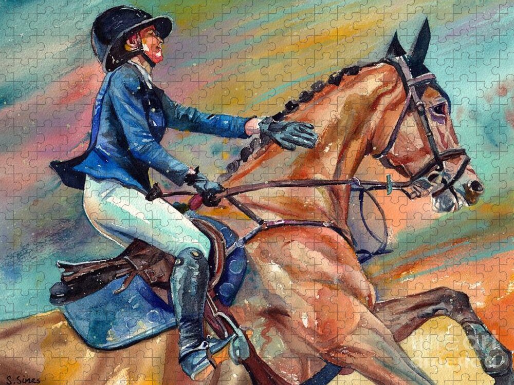 Jockey Jigsaw Puzzle featuring the painting Guiding The Steed by Suzann Sines