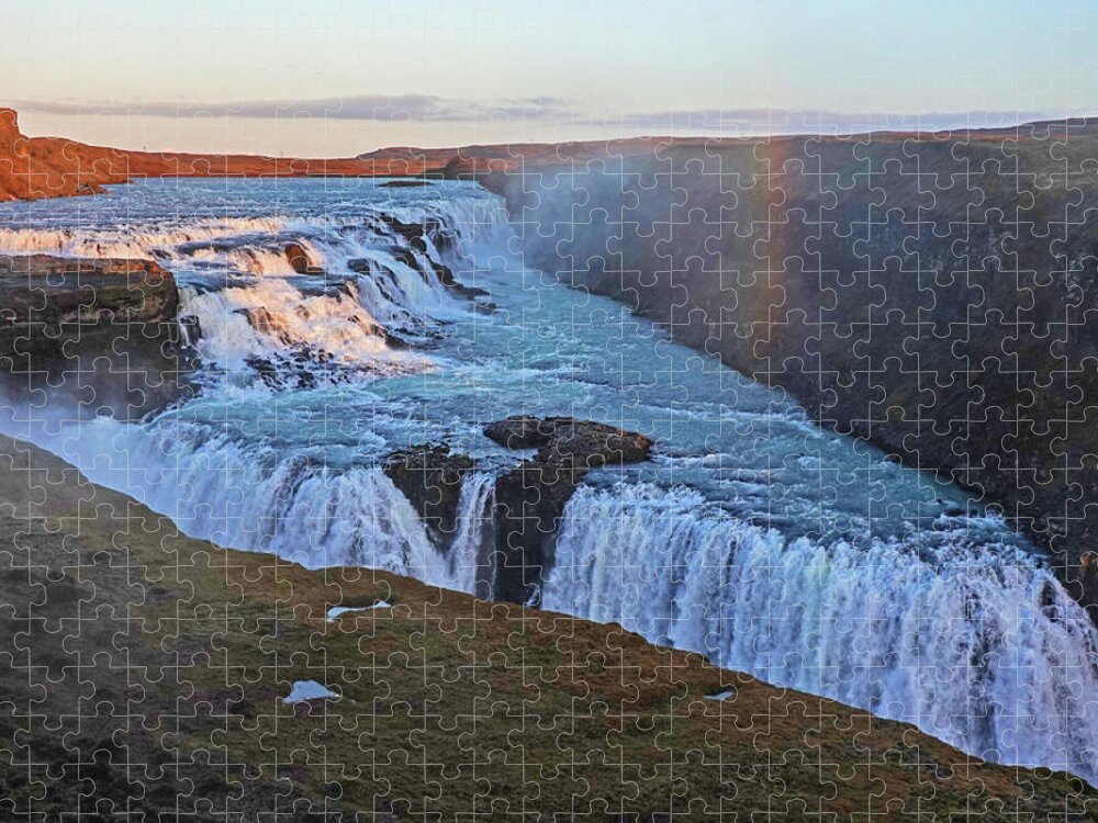 Gullfoss Jigsaw Puzzle featuring the photograph Gullfoss Waterfall Rainbow Thingvellir National Park Iceland by Toby McGuire