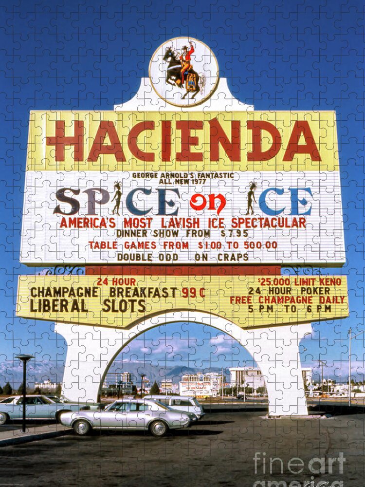 Hacienda Casino Sign Jigsaw Puzzle featuring the photograph Hacienda Casino Marquee Sign Spice on Ice 1977 by Aloha Art