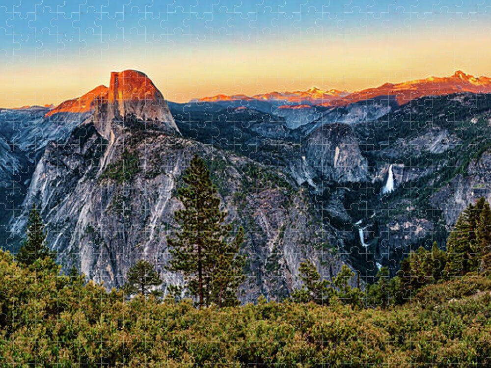 California Jigsaw Puzzle featuring the photograph Half Dome Sunset at Yosemite Panorama by Dan Carmichael