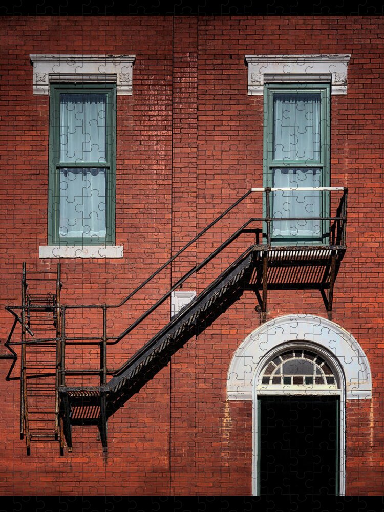 Windows Jigsaw Puzzle featuring the photograph Halfway Down - Fire Escape, Windows, and Door by Nikolyn McDonald