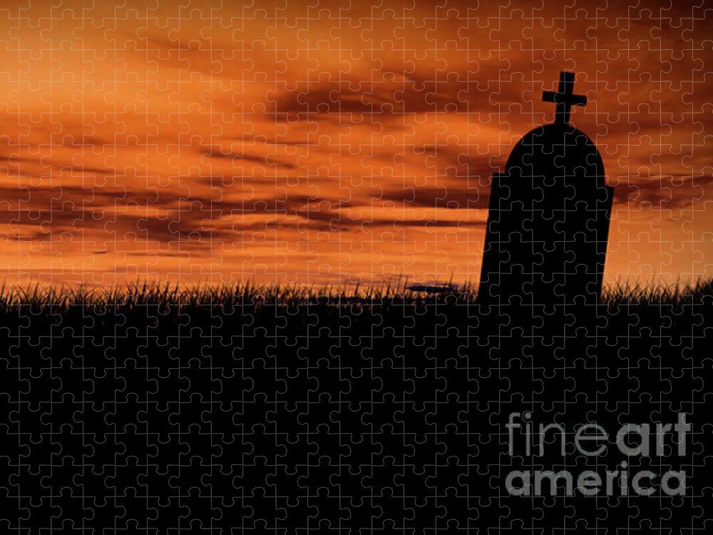 Halloween Jigsaw Puzzle featuring the photograph Halloween cemetery silhouette by Jelena Jovanovic