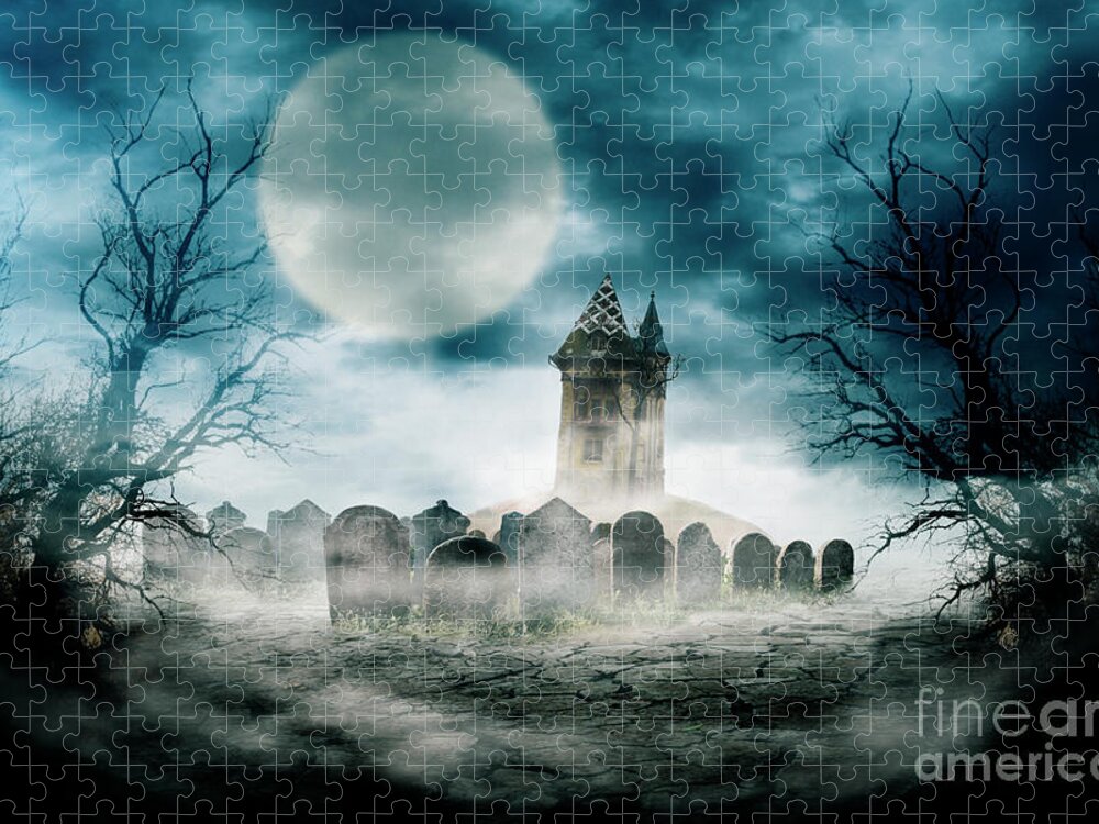 Halloween Jigsaw Puzzle featuring the photograph Halloween composition design with scary dark forest, haunted house and graveyard. by Jelena Jovanovic