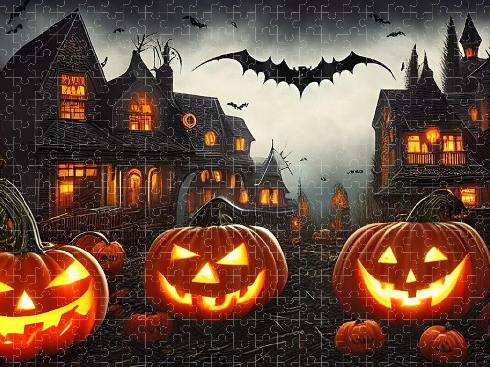 Digital Jigsaw Puzzle featuring the digital art Halloween Houses by Beverly Read