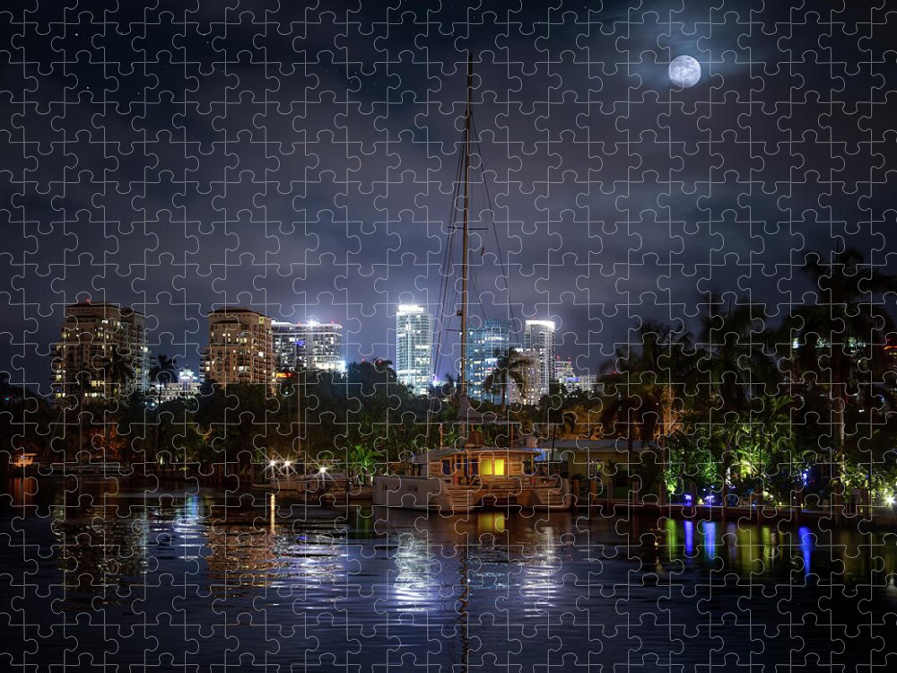 Moon Jigsaw Puzzle featuring the photograph Halloween Moon Over Fort Lauderdale by Mark Andrew Thomas