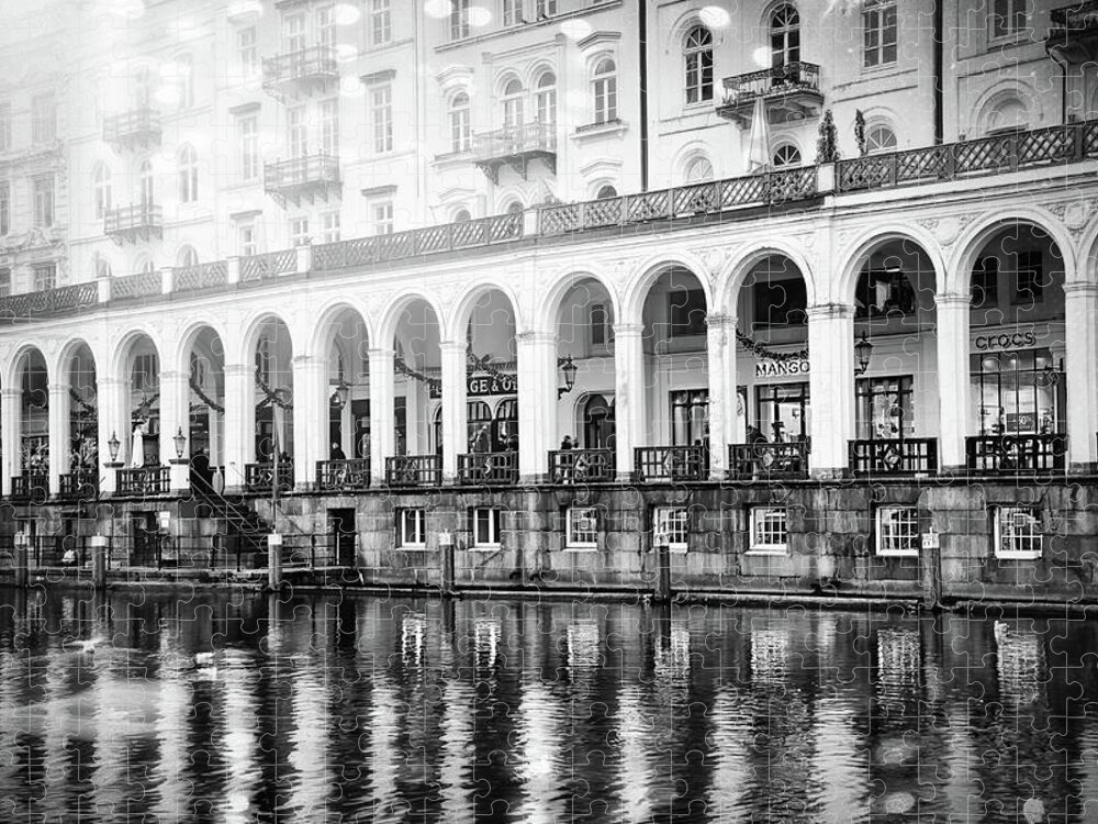 Hamburg Jigsaw Puzzle featuring the photograph Hamburg Germany Alster Arcades Black and White by Carol Japp
