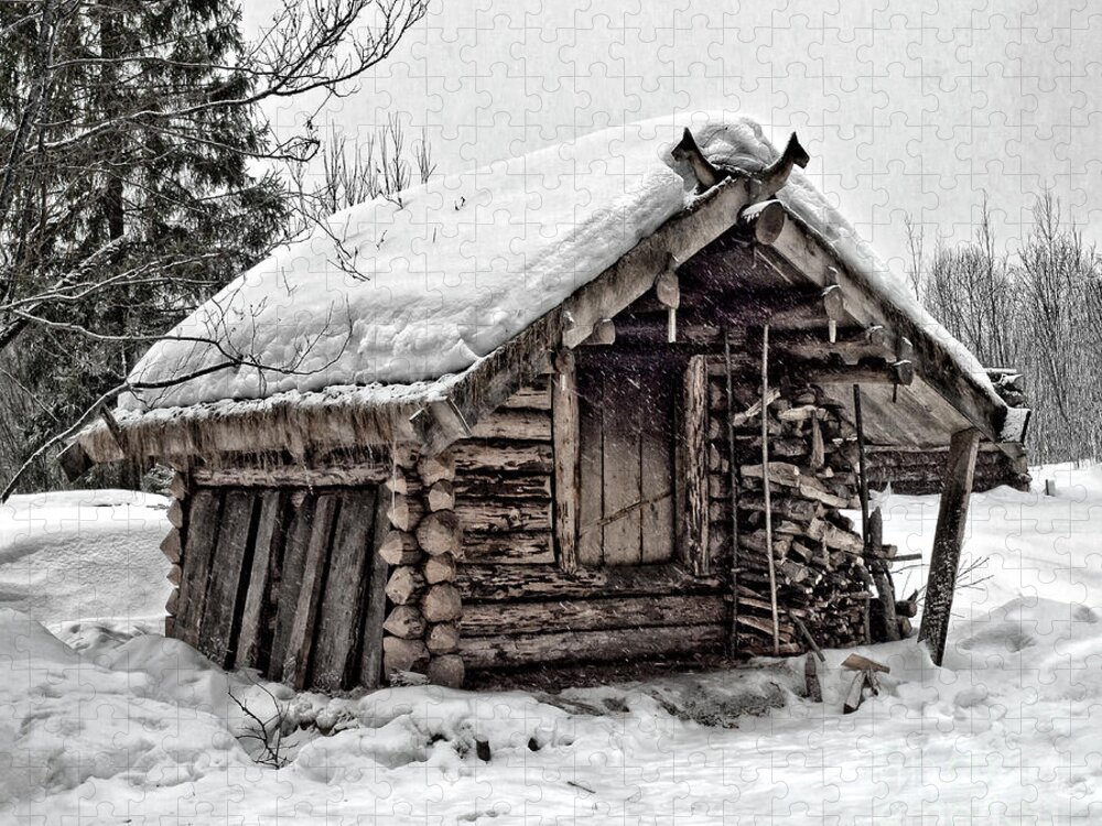 Hammered Hut House Heaven Winter Heavy Snowing Outside Snowdrifts Locked Wood Wooden Log Christmas Atmospheric Traditional Russian Scandinavian Cods Freezing Frozen Covered Landscape Serenity Standing Away Deep Snow Mystery Bizarre Character Texture Textural Snowfall Uzbushka Conceptual Wonderland Tail Fairy Closed Cold Elements Door Painterly Pastel Alone Single Solo Solitary Evocative Haven Nowhere Isolated Amusing Odd Peculiar Quirky Eccentric Weird Magical Abandoned Derelict Battered Nice Jigsaw Puzzle featuring the photograph Locked Until Summer - Hut, Heavy Snowing, Izbushka by Tatiana Bogracheva