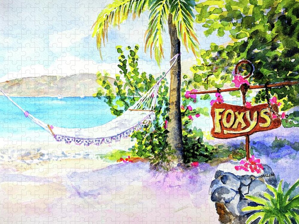 Beach Jigsaw Puzzle featuring the painting Hammock on Beach at Foxy's by Carlin Blahnik CarlinArtWatercolor