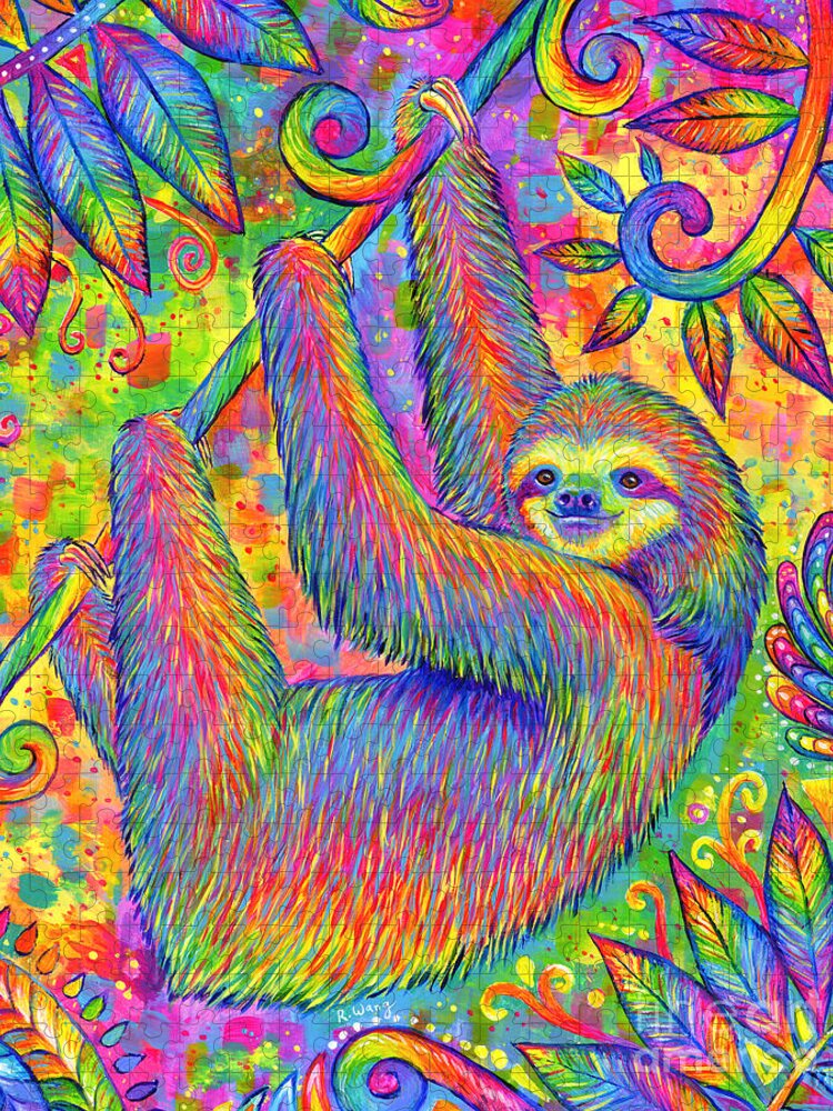 Sloth Jigsaw Puzzle featuring the painting Hanging Around - Psychedelic Sloth by Rebecca Wang