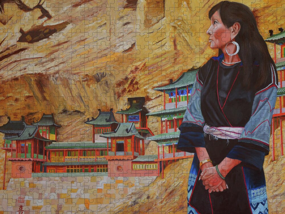 Cliffhanging Jigsaw Puzzle featuring the painting Hanging Temple Shanxi China by Thu Nguyen