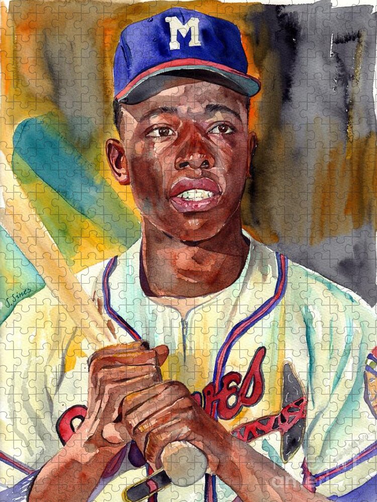 Hank Aaron Jigsaw Puzzle featuring the painting Hank Aaron Baseball Star by Suzann Sines